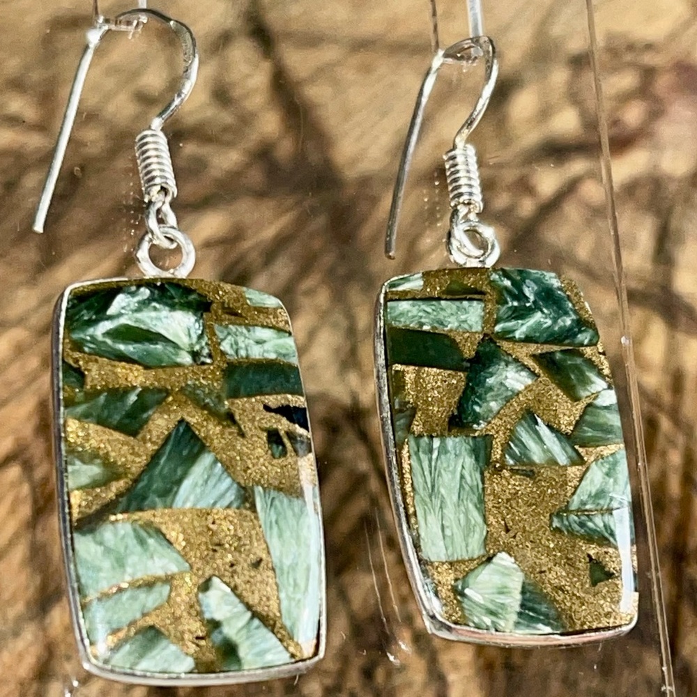 Silver Sheen Seraphinite in Copper Earrings 1 7/8”